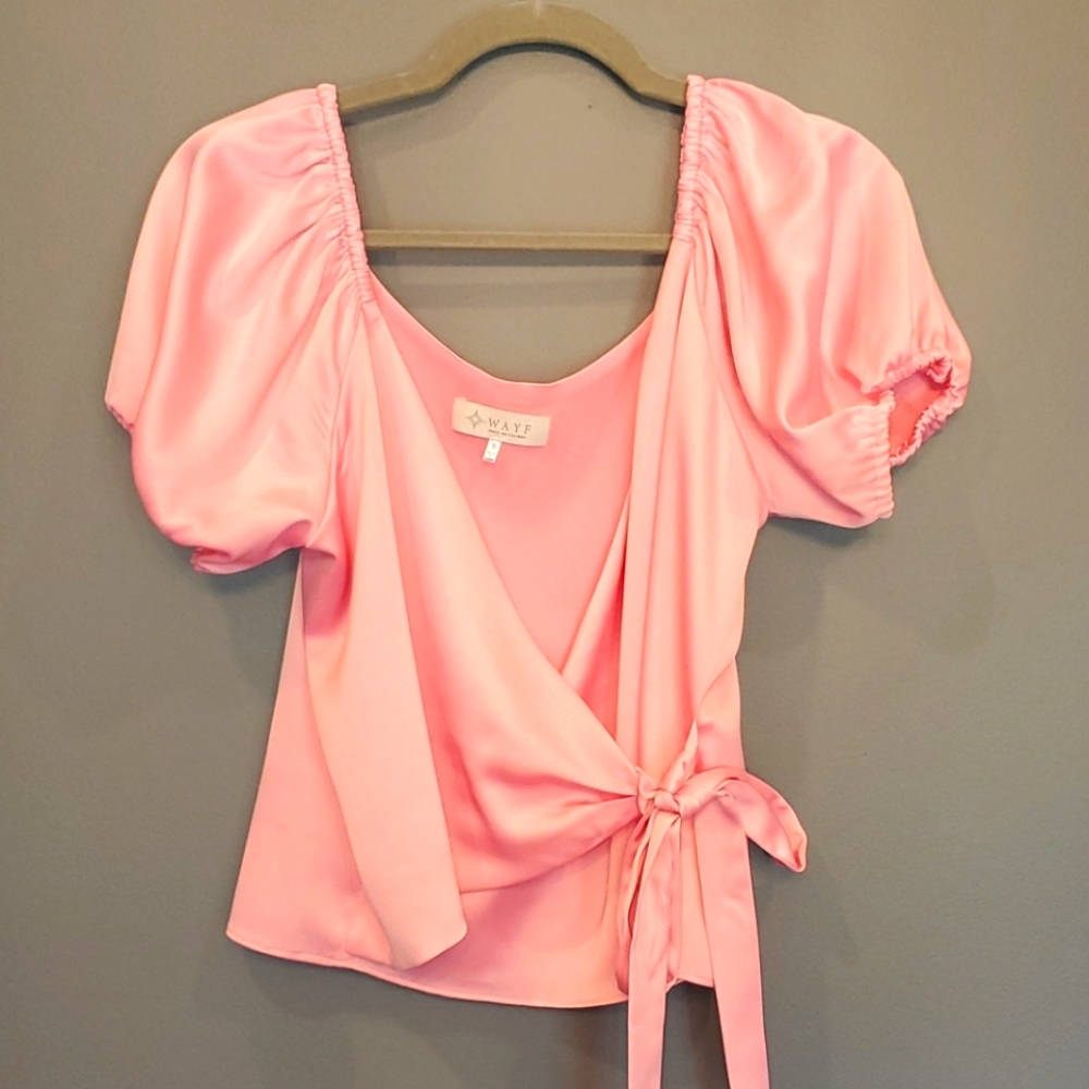 Wayf Pink Satin Cross Wrap Balloon Sleeve Top S